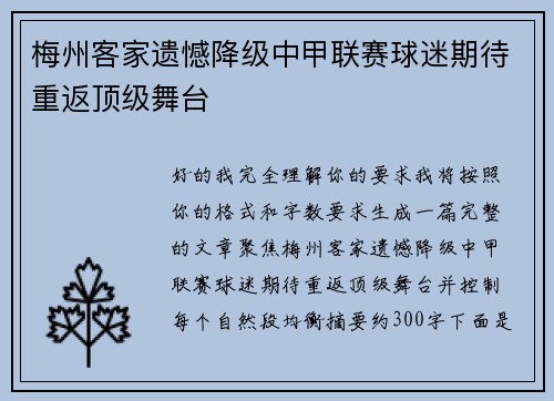 梅州客家遗憾降级中甲联赛球迷期待重返顶级舞台 梅州客家遗憾降级中甲联赛球迷期待重返顶级舞台