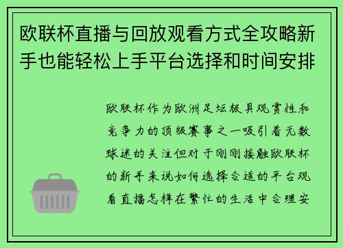 欧联杯直播与回放观看方式全攻略新手也能轻松上手平台选择和时间安排详解